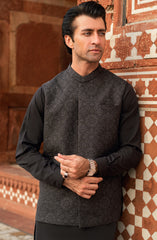 DARK-GREY BLENDED KURTA PAJAMA WITH EMBROIDERED WAISTCOAT