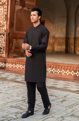 DARK-GREY BLENDED KURTA PAJAMA WITH EMBROIDERED WAISTCOAT
