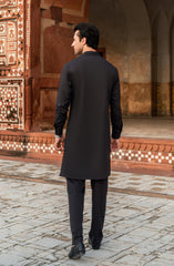 DARK-GREY BLENDED KURTA PAJAMA WITH EMBROIDERED WAISTCOAT