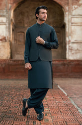 CHARCOAL BLENDED KAMEEZ SHALWAR WITH WAIST COAT