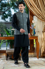 DARK GREY EMBROIDERED BLENDED WAISTCOAT