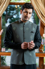 DARK GREY EMBROIDERED BLENDED WAISTCOAT