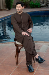 BROWN EMBROIDERED BLENDED KAMEEZ SHALWAR