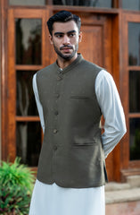OIVE GREEN EMBROIDERED BLENDED WAISTCOAT
