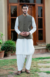 OIVE GREEN EMBROIDERED BLENDED WAISTCOAT
