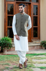 OIVE GREEN EMBROIDERED BLENDED WAISTCOAT