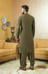 DARK OLIVE EMBROIDERED BLENDED KAMEEZ SHALWAR