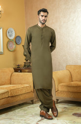 DARK OLIVE EMBROIDERED BLENDED KAMEEZ SHALWAR