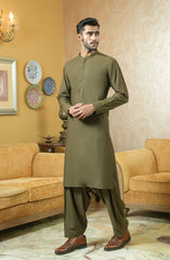 DARK OLIVE EMBROIDERED BLENDED KAMEEZ SHALWAR