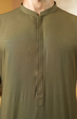 DARK OLIVE EMBROIDERED BLENDED KAMEEZ SHALWAR