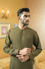 DARK OLIVE EMBROIDERED BLENDED KAMEEZ SHALWAR