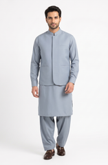 CLOUD-GREY KAMEEZ SHALWAR & WAISTCOAT