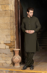 OLIVE BLENDED EMBROIDERED KAMEEZ SHALWAR