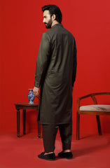 FESTIVE'23 MEN KAMEEZ SHALWAR PLAIN DEEP OLIVE