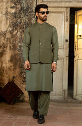 OLIVE GREEN KAMEEZ SHALWAR WITH WAIST COAT