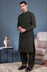 OLIVE GREEN KAMEEZ SHALWAR WITH WAIST COAT