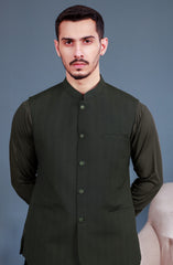 OLIVE GREEN KAMEEZ SHALWAR WITH WAIST COAT