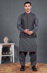 CHARCOAL KAMEEZ SHALWAR WITH WAIST COAT