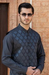 CHARCOAL BLENDED KAMEEZ SHALWAR WITH EMBROIDERED WAISTCOAT