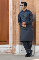 CHARCOAL BLENDED KAMEEZ SHALWAR WITH EMBROIDERED WAISTCOAT