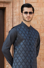 CHARCOAL BLENDED KAMEEZ SHALWAR WITH EMBROIDERED WAISTCOAT