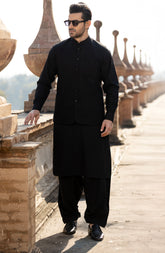 BLACK BLENDED KAMEEZ SHALWAR WAISTCOAT