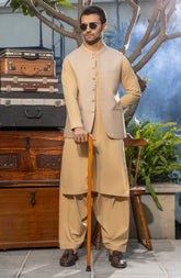 LIGHT BEIGE KAMEEZ SHALWAR WITH WAIST COAT