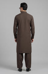 FOREST-BROWN BLENDED KAMEEZ SHALWAR WITH EMBROIDERED WAISTCOAT