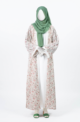 WHITE-GREEN PRINTED DOWN BUTTON ABAYA