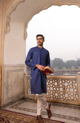 SUMMER'22 MEN KURTA SLIM FIT EMBROIDERY NAVY BLUE