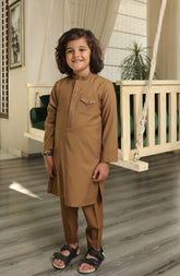 SUMMER'22 BOYS SEMI FORMAL STYLING KAMEEZ SHALWAR LIGHT BROWN