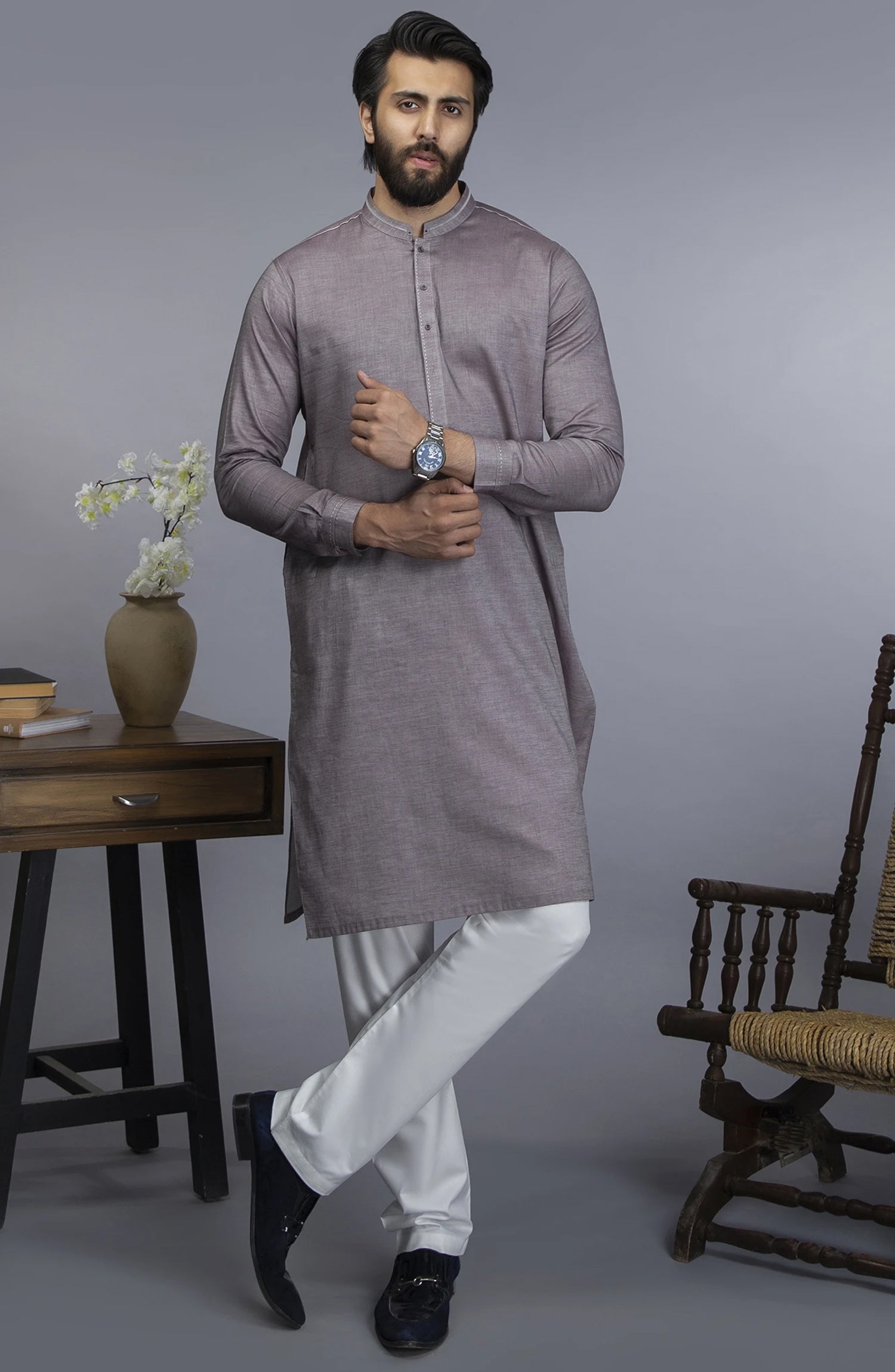 MEN KURTA SEMI FORMAL LIGHT BROWN (6654692589742)