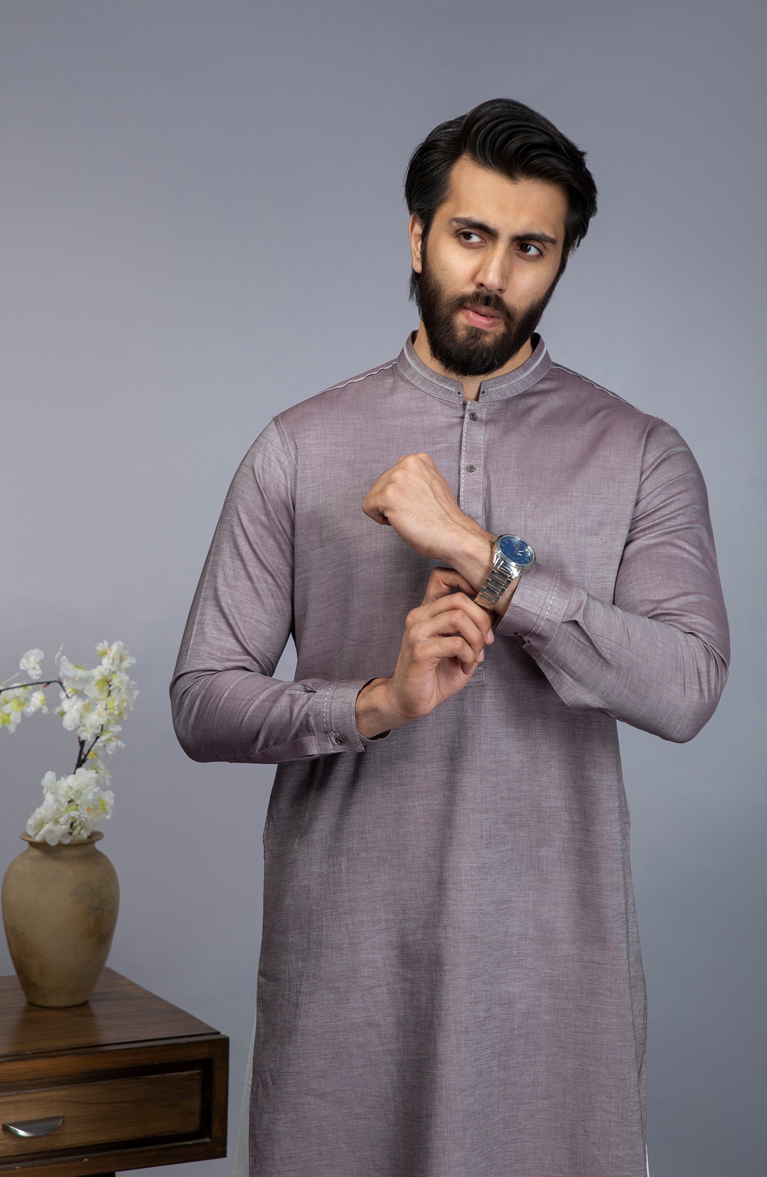 MEN KURTA SEMI FORMAL LIGHT BROWN (6654692589742)