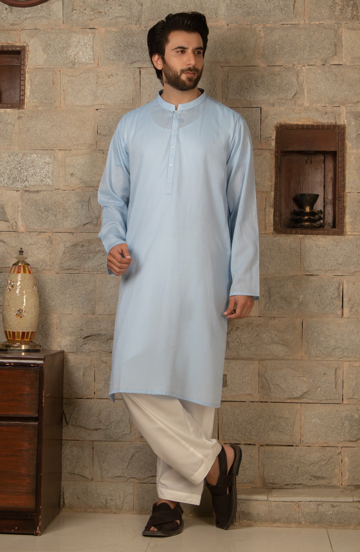 MEN KURTA PLAIN SKY BLUE (6675317555374)