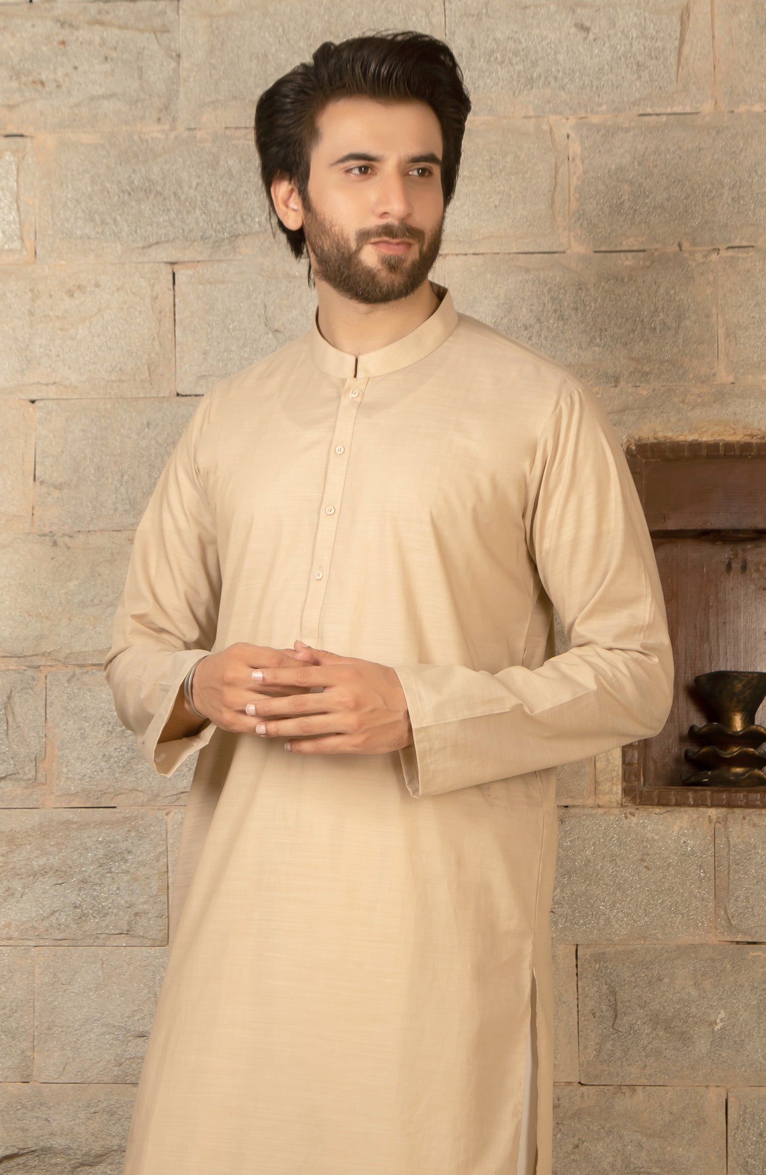 MEN KURTA PLAIN FAWN (6675483656366)