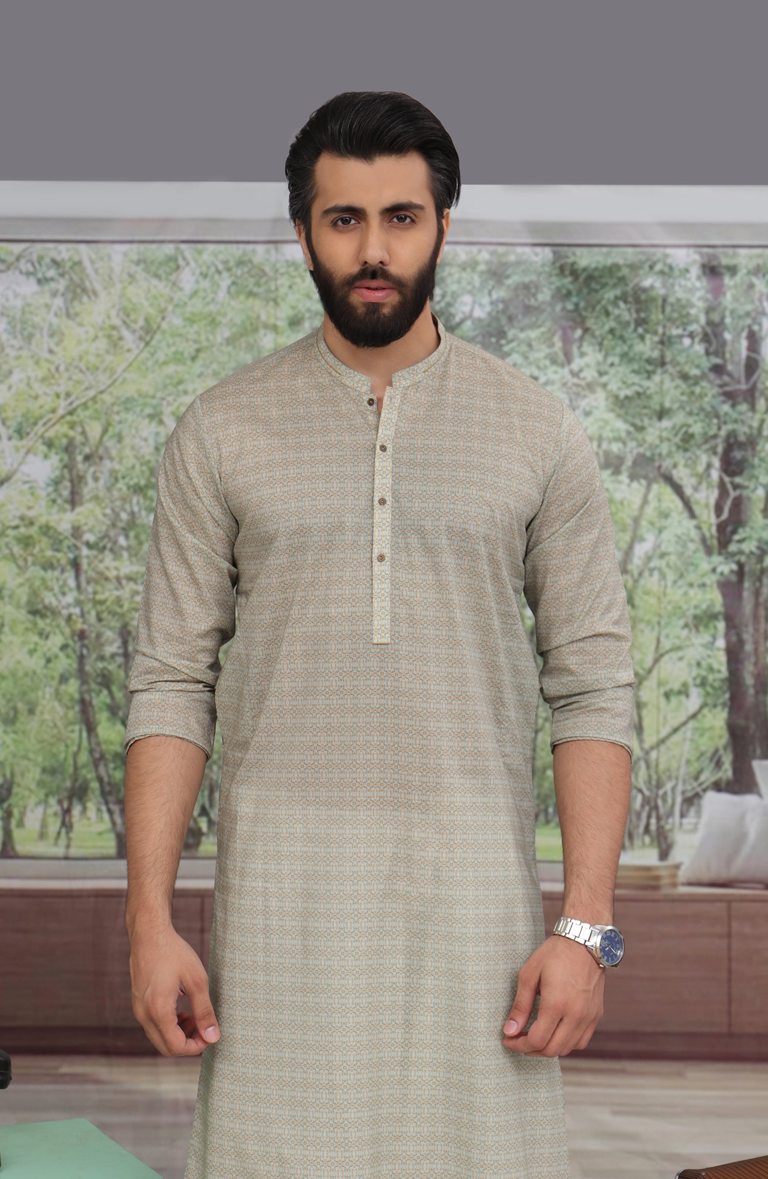 MEN KURTA PRINTED BEIGE (7042635432110)
