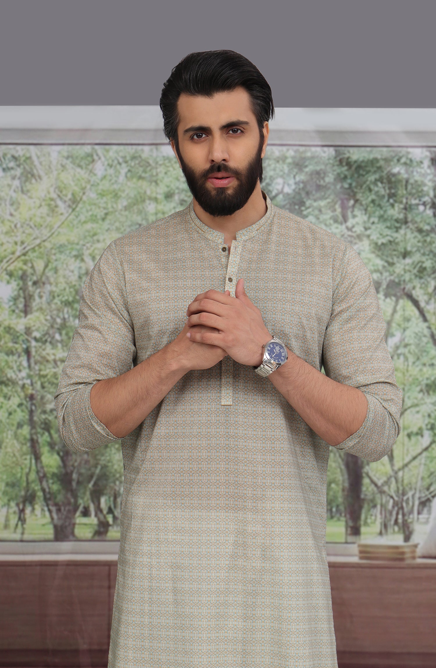MEN KURTA PRINTED BEIGE (7042635432110)