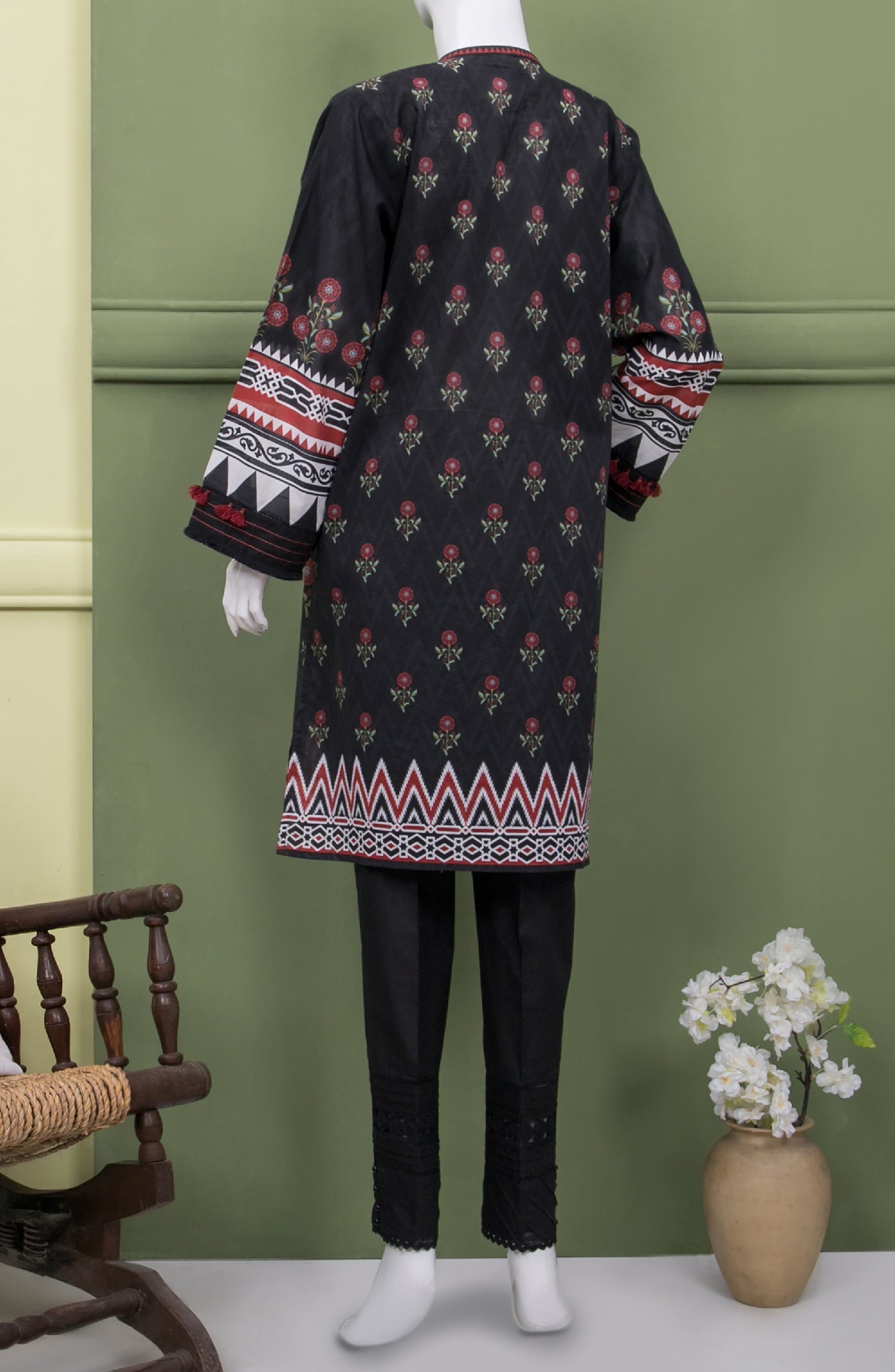 BLACK TRIANGLE LAWN PRINTED 1PC STITCH KURTI (6661441683630)