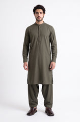 ARMY-GREEN EMBROIDERED BLENDED KAMEEZ SHALWAR