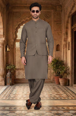 LIGHT-OLIVE BLENDED KAMEEZ SHALWAR WITH WAISTCOAT