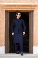 NAVY BLENDED KAMEEZ SHALWAR WITH EMBROIDERED WAISTCOAT