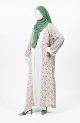 WHITE-GREEN PRINTED DOWN BUTTON ABAYA