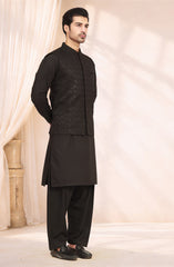 BLACK BLENDED KAMEEZ SHALWAR WITH EMBROIDERED WAISTCOAT