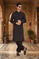DARK-GREY BLENDED KAMEEZ SHALWAR WITH WAISTCOAT