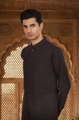 DARK-GREY BLENDED KAMEEZ SHALWAR WITH WAISTCOAT