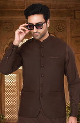 CHOCOLATE-BROWN BLENDED KAMEEZ SHALWAR WITH WAISTCOAT