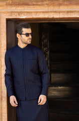 NAVY BLENDED KAMEEZ SHALWAR WITH EMBROIDERED WAISTCOAT
