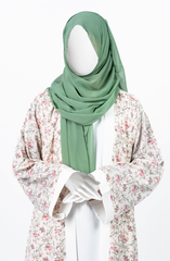 WHITE-GREEN PRINTED DOWN BUTTON ABAYA
