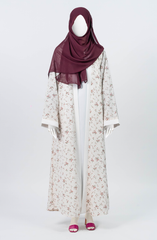 WHITE MAROON PRINTED DOWN BUTTON ABAYA