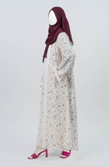 WHITE MAROON PRINTED DOWN BUTTON ABAYA